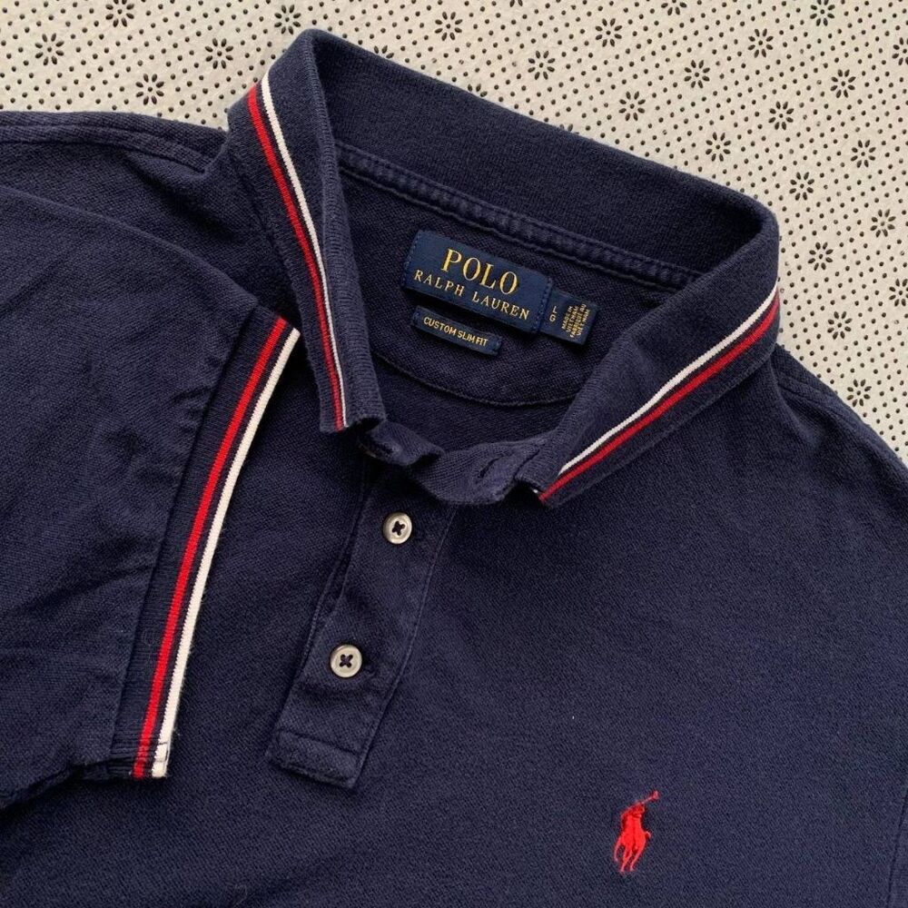 Polo Ralph Lauren Custom Slim Fit Navy Pique Polo Shirt Tipped Collar L